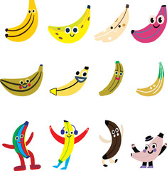 Obraz premium Happy Banana Variety: A vibrant arrangement of smiling banana characters, each with a unique expression, offering a playful and whimsical aesthetic.