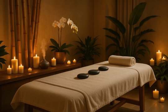 Luxury resort spa treatment room with hot stone massage setup and aromatherapy elements - Powered by Adobe