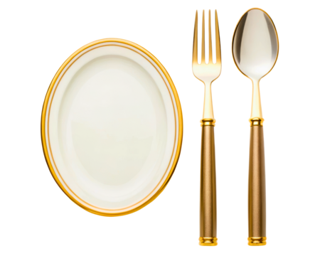 Elegant gold cutlery set with fork, spoon, and oval plate on a transparent background - Powered by Adobe