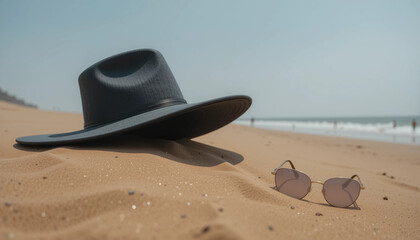 Black wide-brimmed hat and sunglasses on sandy beach under sunlight