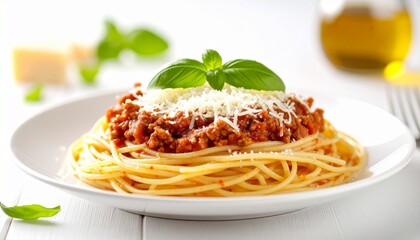 Delicious spaghetti bolognese topped with fresh basil and grated parmesan cheese served on a white plate