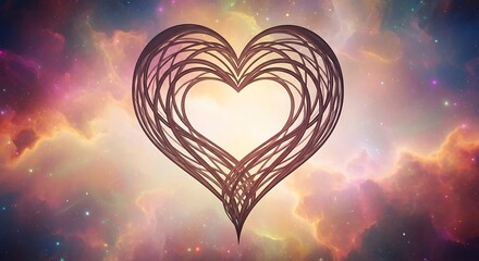 Abstract heart shape made of lines with a cosmic nebula background for love and passion