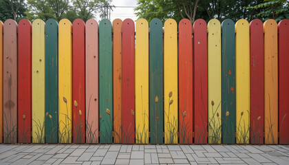 Vibrant wooden fence with painted flowers and colorful slats in a garden setting