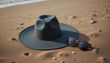 Wide-brimmed gray hat and stylish sunglasses on sandy beach with small pebbles
