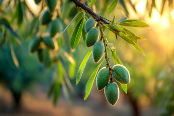 Green-shelled almonds hanging from a vine during a shimmering sunset