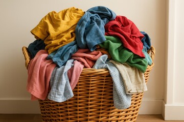 Overflowing laundry basket with colorful mixed fabrics and clothing items on clean background