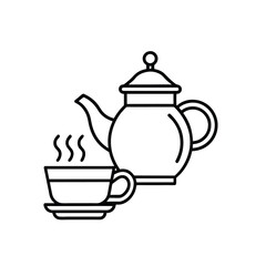 Teapot and Steaming Teacup on Saucer – Minimalist Black and White Line Art Vector Illustration