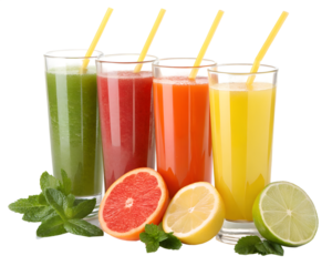 Isolated drinks. Glasses of fresh citrus juices (orange, grapefruit, lemon, lime) and cut fruits isolated on white background
