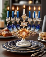 Holiday table featuring ornate jewish menorah high resolution picture