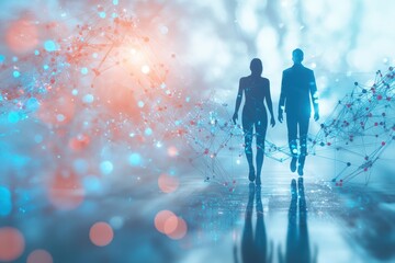 Two silhouettes walking towards a digital network in a futuristic environment at dusk