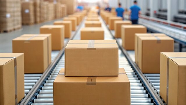 Conveyor belt with stacked brown boxes in a warehouse, showcasing an organized shipping process and workers in the background.