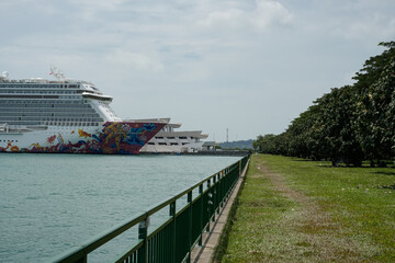 cruise ship docked at a scenic waterfront park 