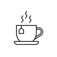 Steaming Teacup with Teabag on Saucer – Minimalist Black and White Line Art Vector Illustration