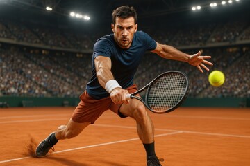 Professional tennis athlete executing powerful forehand shot on championship clay court