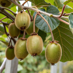 Close-up of Actinidia chinensis (kiwi fruits) growing on the vine.