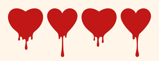 Set of red melted, flowed hearts with drips and drops in flat style isolated on white background of different shapes. Heart drizzled with liquid delicious chocolate syrup. Vector EPS10