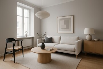 Fototapeta premium Scandinavian minimalist living room with azure blue furniture and industrial concrete accents