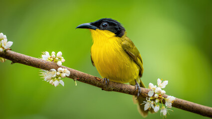 Fototapeta premium Vibrant Yellow Bird Perched on Blossoming Branch A Stunning Wildlife Image Showcasing the Beauty of Nature with Delicate White Flowers and Lush Green Background