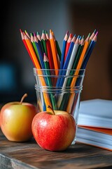 A school desk with a stack of notebooks, colorful pencils in a holder, and a fresh apple, indicating readiness for learning