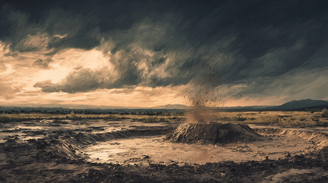 Mud eruption bursting from the ground with intense pressure, creating a dramatic natural scene. Volcanic sludge splashing in all directions in a powerful explosion.