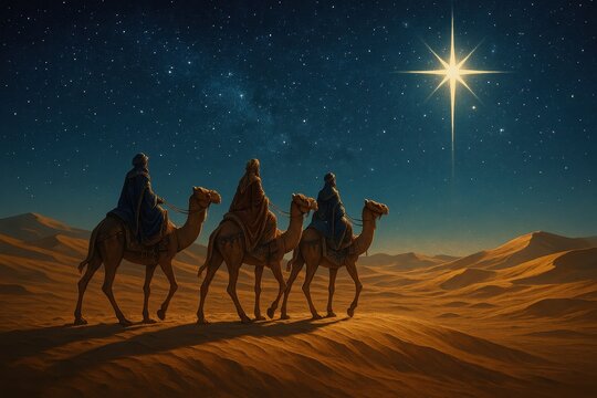 Three wise men journeying through starlit desert following bright celestial star toward Bethlehem