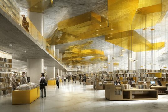 Modern interactive library extension with digital hubs, inspiration