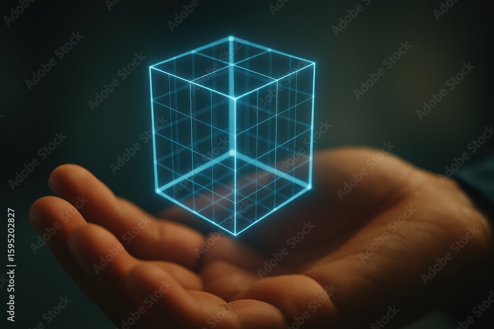 Poster hand cradling a glowing 3d cube representation of technology and innovation in digital space