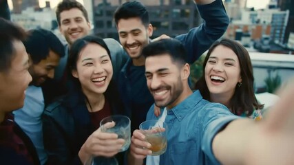 A diverse group of friends laughing and taking a selfie on a city rooftop at sunset enjoying a casual gathering and celebrating friendship