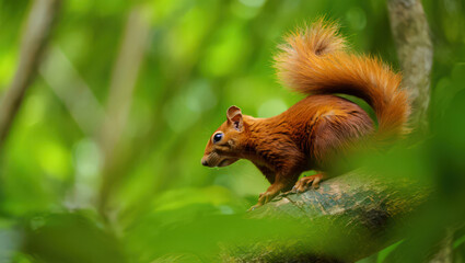 A Curious Red Squirrel Perched on a Branch Amidst Lush Green Foliage in a Tropical Forest, Observing its Surroundings with Alertness and Poise in Natural Light