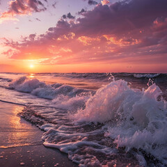 Naklejka premium Golden waves gently crash along the shore at sunset.