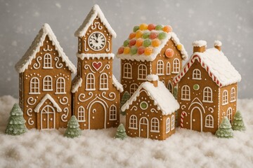 Whimsical gingerbread village with miniature houses and snow-dusted decorative elements