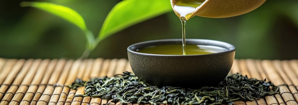 Bamboo ladle pouring green tea over tea leaves