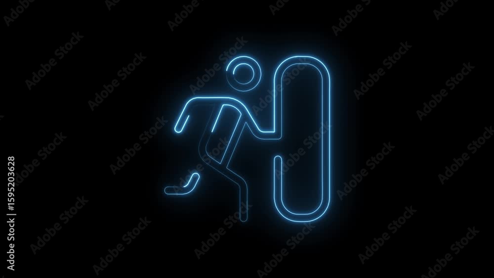 Poster glowing blue neon figure with shield running forward abstract symbol isolated on black background