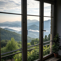 Fototapeta premium Scenic view of majestic mountains seen through a closed window.