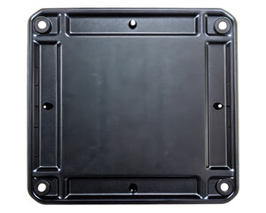 Black plastic square base plate for equipment mounting on a transparent background