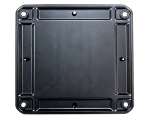 Black plastic square base plate for equipment mounting on a transparent background