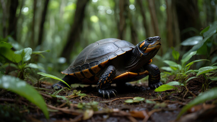 Obraz premium Radiant Asian Leaf Turtle basking in the Sunlight A Captivating Portrait of a Reptile Amidst Lush Foliage in its Natural Environment
