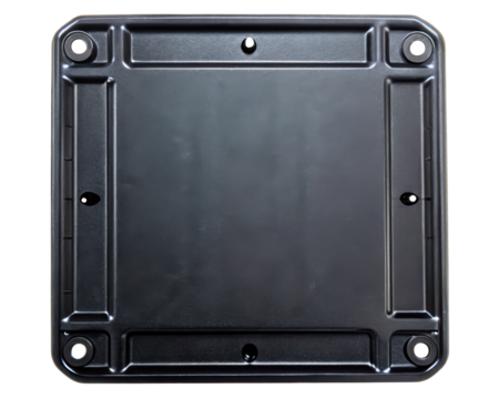 Black plastic square base plate for equipment mounting on a transparent background