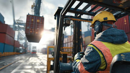 A port forklift operator working diligently in an industrial shipping area, moving cargo with precision and focus in a professional setting.
