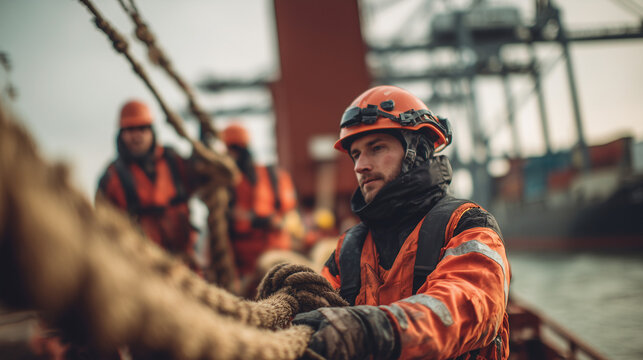 Port mooring crew securing ship with ropes during docking operation. Maritime workers in uniform managing heavy lines in port environment, teamwork and safety in action.