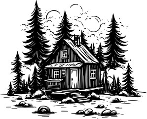 Cozy cabin in the woods or forest farmhouse logotype icon