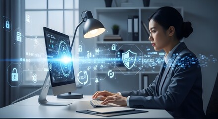 Businesswoman working on a computer with cybersecurity interface in the office