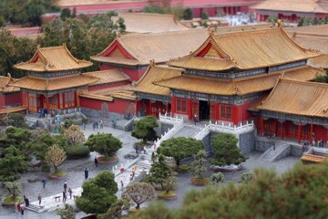 Ancient Chinese imperial palace with ornate gardens, majesty