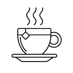 Steaming Tea Cup on Saucer with Tea Bag – Minimalist Black and White Line Art Vector