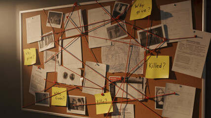 Investigation board with photos, notes, and red string connecting clues visually