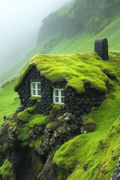 Icelandic turf house built into green hillside