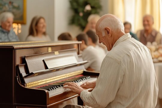 Elderly man plays piano for group of friends in bright communal gathering space