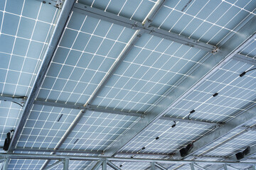 Solar panel roof structure installed over parking lot for clean energy solution