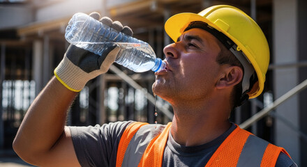 A hardworking construction worker finds a moment of relief while drinking water on a hot and sunny day at the job site. © Ayase