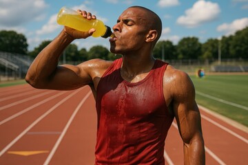 Athletic Latino runner holding sports drink bottle after intense training session at professional track stadium